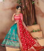 Turquoise woven art silk unstitched lehenga