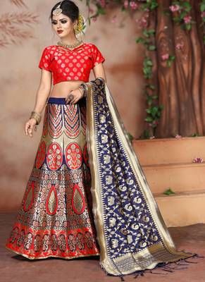 Beige woven art silk unstitched lehenga 1