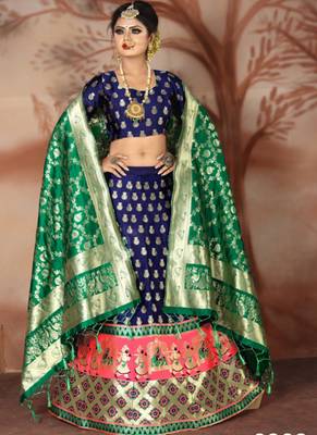 Navy blue woven art silk unstitched lehenga 1