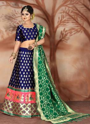 Navy blue woven art silk unstitched lehenga 2