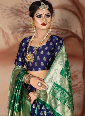 Navy blue woven art silk unstitched lehenga 3