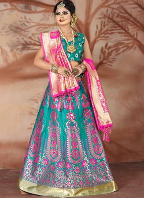 Sky blue woven art silk unstitched lehenga 1