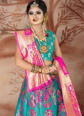 Sky blue woven art silk unstitched lehenga 2