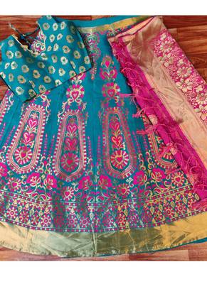 Sky blue woven art silk unstitched lehenga 3