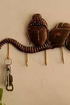 Buddha Head on Elephant Trunk Wrought Iron Key Holder