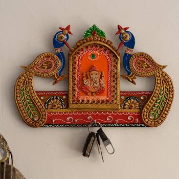 Lord Ganesha and Peocock Papier-Mache Wooden Keyholder 1