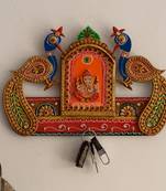 Lord Ganesha and Peocock Papier-Mache Wooden Keyholder
