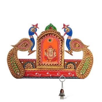 Lord Ganesha and Peocock Papier-Mache Wooden Keyholder 2