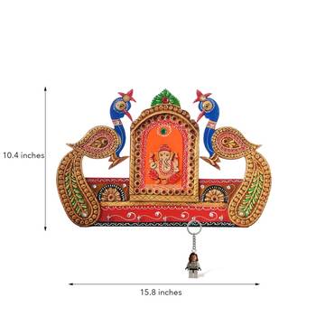 Lord Ganesha and Peocock Papier-Mache Wooden Keyholder 3