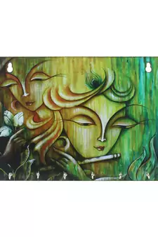 Radhe Krishna Theme Wooden Key Holder with 6 Hooks