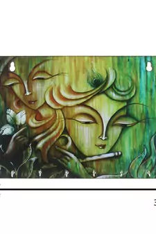 Radhe Krishna Theme Wooden Key Holder with 6 Hooks