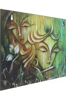 Radhe Krishna Theme Wooden Key Holder with 6 Hooks