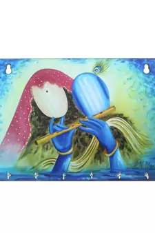 Radhe Krishna Theme Wooden Key Holder with 6 Hooks