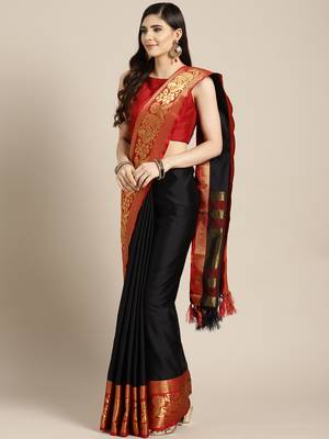 Black woven cotton silk saree with blouse 1