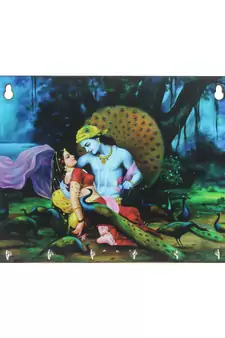 Radhe Krishna Theme Wooden Key Holder with 6 Hooks