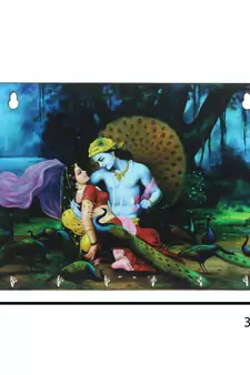 Radhe Krishna Theme Wooden Key Holder with 6 Hooks