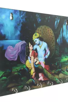 Radhe Krishna Theme Wooden Key Holder with 6 Hooks