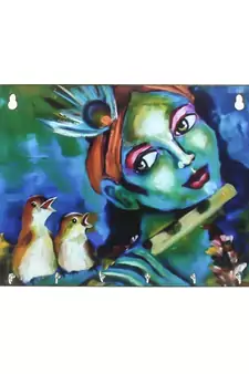 Shree Krishna Theme Wooden Key Holder with 6 Hooks