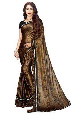 Brown printed lycra saree with blouse 1