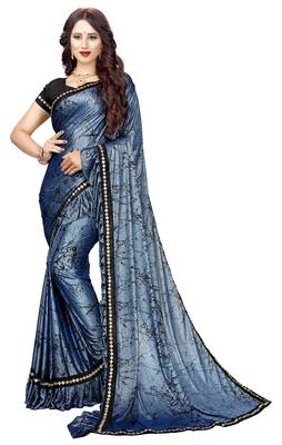 Blue printed lycra saree with blouse 1