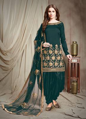 Green Embroidered Taffeta Semi Stitched Salwar With Dupatta 1