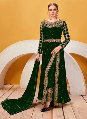 Green Embroidered Faux Georgette Semi Stitched Salwar With Dupatta 1