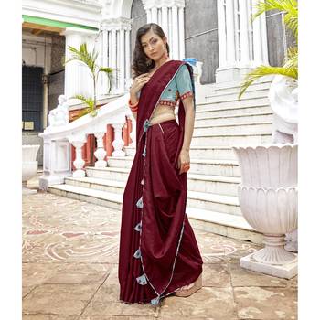 Maroon solid chanderi silk saree with blouse 1