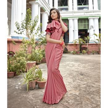 Peach solid chanderi silk saree with blouse 1