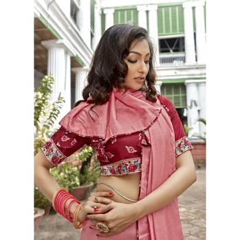 Peach solid chanderi silk saree with blouse 2