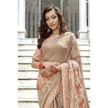 Beige embroidered lycra saree with blouse 2