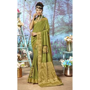 Green plain chanderi silk saree with blouse 1