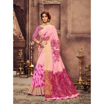 Pink printed art silk saree with blouse 1