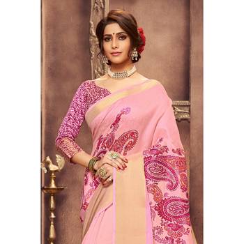 Pink printed art silk saree with blouse 2
