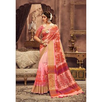 Peach printed art silk saree with blouse 1