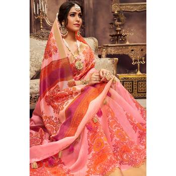 Peach printed art silk saree with blouse 2