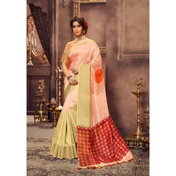 Peach printed art silk saree with blouse 1