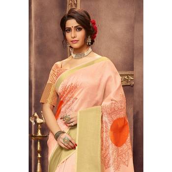 Peach printed art silk saree with blouse 2