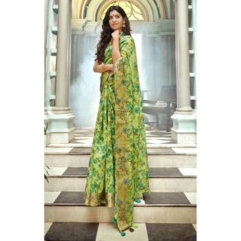 Green printed art silk saree with blouse 1