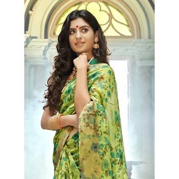 Green printed art silk saree with blouse 2