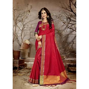 Red solid chanderi silk saree with blouse 1