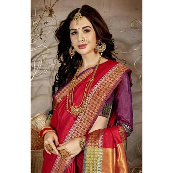 Red solid chanderi silk saree with blouse 2