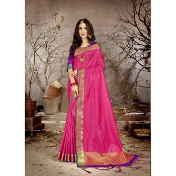 Pink solid chanderi silk saree with blouse 1
