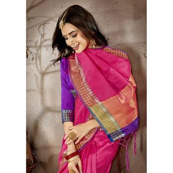 Pink solid chanderi silk saree with blouse 2