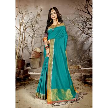 Sky blue solid chanderi silk saree with blouse 1