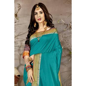 Sky blue solid chanderi silk saree with blouse 2