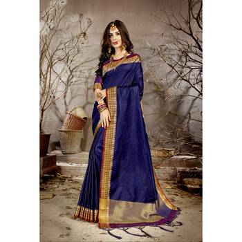 Blue solid chanderi silk saree with blouse 1