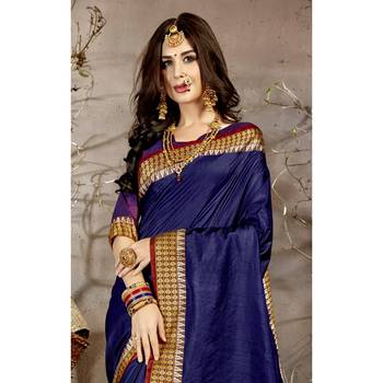 Blue solid chanderi silk saree with blouse 2