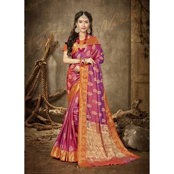 Pink woven art silk saree with blouse 1