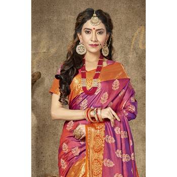 Pink woven art silk saree with blouse 2