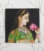 Rajasthani Ragini Lady With Lotus In Hand Painting On Marble Square Tile